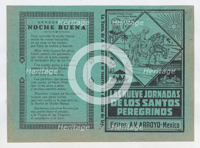 Cover for 'Las Nueves Jornadas de los Santos Peregrinos', Mary on horseback and Joseph..., ca. 1880. Creator: José Guadalupe Posada.