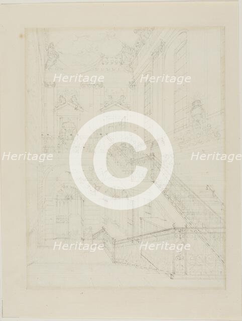 Study for The Hall and Staircase, British Museum, from Microcosm of London, c. 1808. Creator: Augustus Charles Pugin.