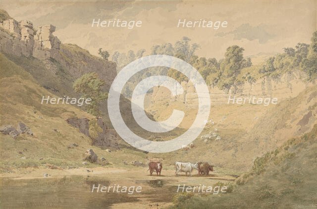 Cattle at a Watering Hole in a Valley, 1830-86. Creator: John Henry Mole.