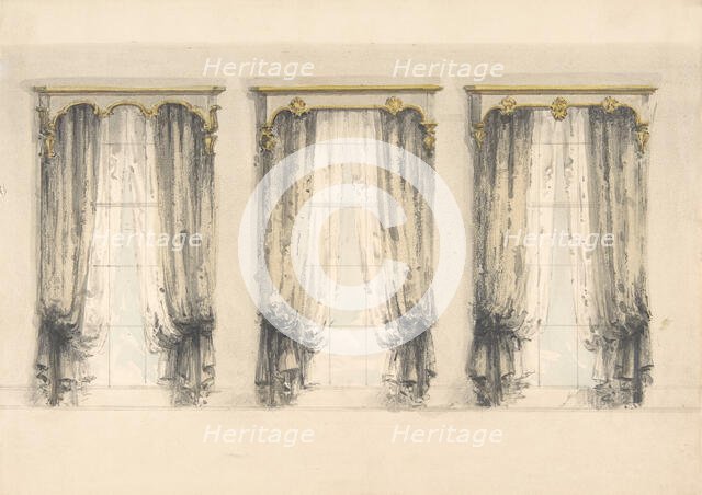 Design for Three Sets of Gray Curtains , with Gray and Gold Pediments, early 19th century. Creator: Anon.