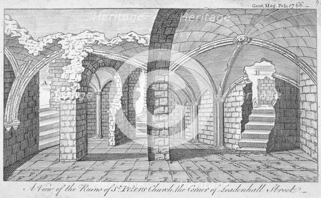 Ruins of the Church of St Peter on the corner of Leadenhall Street, City of London, 1766. Artist: Anon
