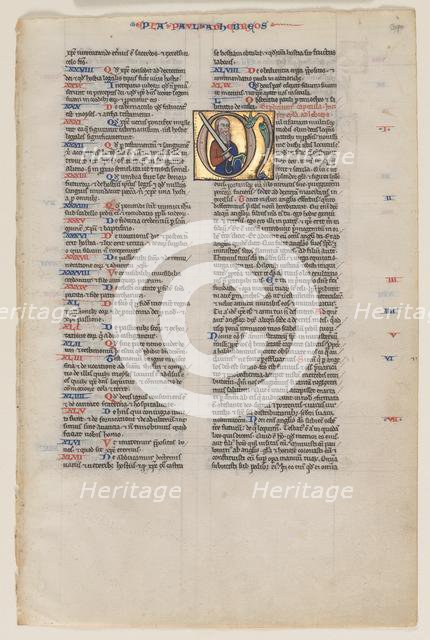 Leaf with Initial from a Latin Bible: Initial M: St. Paul with a Sword and a Book, c. 1220. Creator: Vienna Moralized Bible Workshop (French).