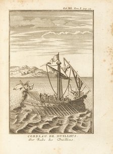 Corvus (boarding drawbridge) of Gaius Duilius. Illustration from The Histories by Polybius, 1759-60. Creator: Anonymous ().