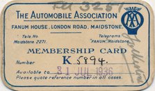 'The Automobile Association: Membership card', 1936. Artist: Unknown.
