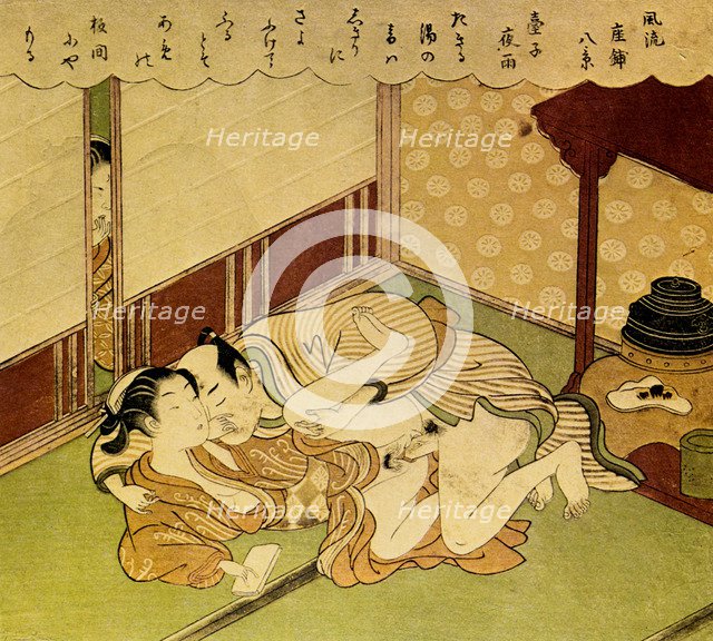 Two Lovers (Shunga - erotic woodblock print), c. 1750. Artist: Harunobu, Suzuki (1724-1770)