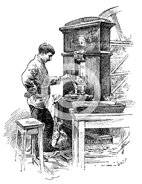 Coining press at the Royal Mint, London, 1891. Artist: Unknown