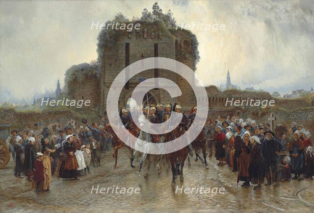 To the front: French cavalry leaving a Breton city on the declaration of war, 1888-1889. Creator: Thompson (Lady Butler), Elizabeth (1846-1933).
