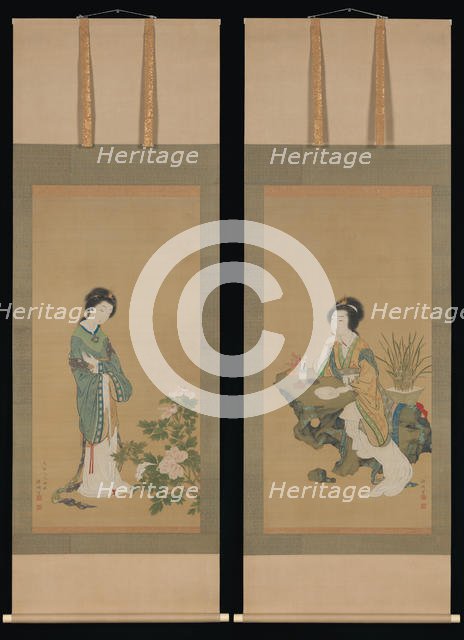 Yanji with Orchids and Yang Guifei with Peonies, 1785. Creator: Genki.