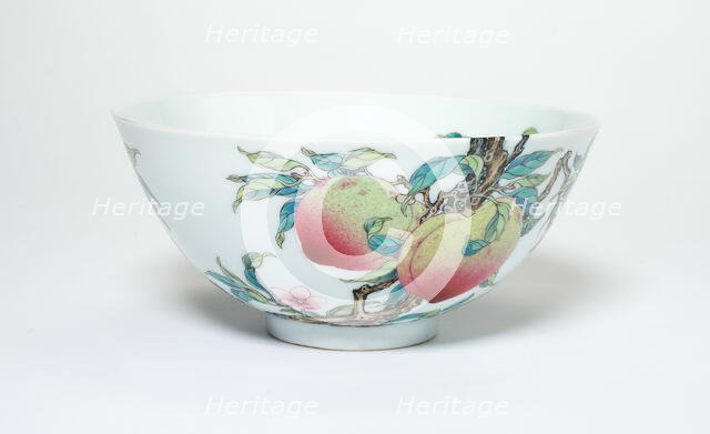 Bowl with Fruiting Peaches, Tree Peony, Flowering Plum, and Bats, Qing dynasty, (1723-1735). Creator: Unknown.