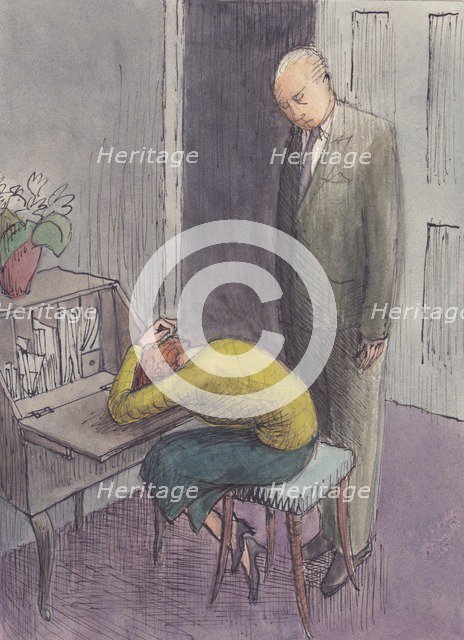 Man standing over cowering woman, 1952. Creator: Shirley Markham.