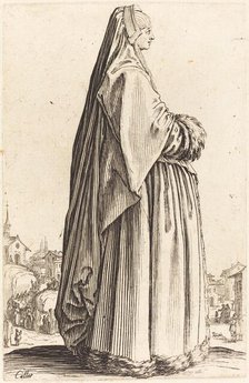Noble Woman Wearing a Veil and a Dress Trimmed in Fur, c. 1620/1623. Creator: Jacques Callot.