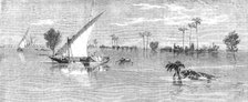 Inundation of the Nile: view below Kafr Zayat, showing the railway-bridge, and train off..., 1861. Creator: Richard Principal Leitch.