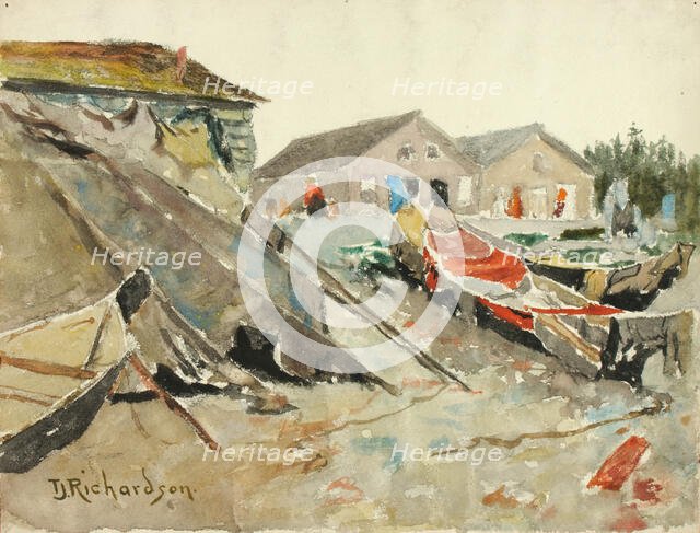 Drying Blankets over Canoes, ca. 1890-1914. Creator: Theodore J. Richardson.