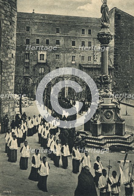 Easter procession at the monastery of Montserrat, the Via Crucis, postcard from 1920s.