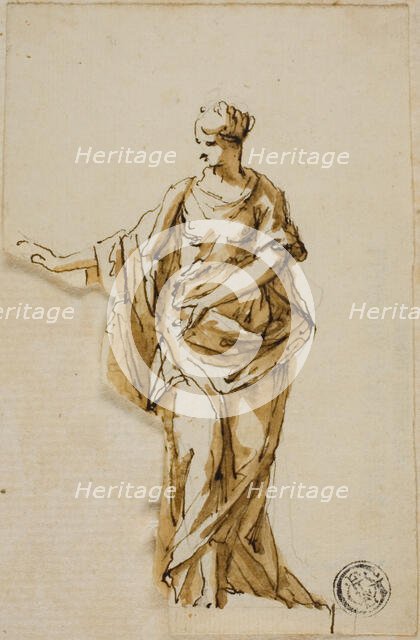 Standing Female Figure with Right Arm Raised, n.d. Creators: John Michael Rysbrack, Sir James Thornhill.