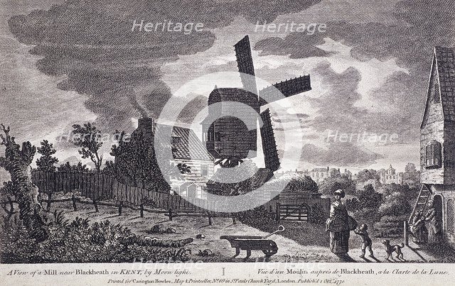 A mill on Blackheath by moonlight; including figures and a windmill, Greenwich, London, 1770. Artist: John June