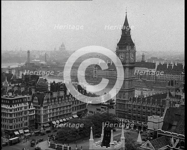 A View of the Elizabeth Tower Containing Big Ben, with the River Thames and County Hall..., 1939. Creator: British Pathe Ltd.