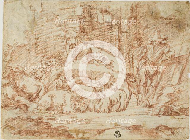 Stable Interior: Herder Resting with Sheep, Cow, Goats and Dog, n.d. Creator: Andrea de Leone.