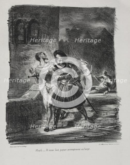 Illustrations for Faust: Méphistophélés and Faust flee after the duel, 1828. Creator: Eugène Delacroix (French, 1798-1863); Chez Ch. Motte, Éditeur, distributed by Chez Sautelet, Libraire.