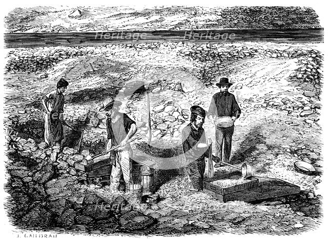 Cradling for gold in the Californian gold fields, 1849. Artist: Unknown