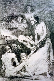 Los Caprichos, series of etchings by Francisco de Goya (1746-1828), plate 69: 'Sopla' (Gust the w…