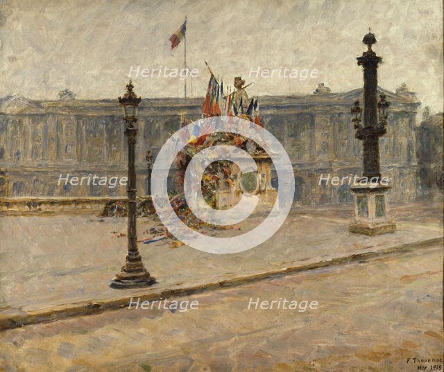 La statue de Strasbourg, place de la Concorde, couverte de drapeaux et de couronnes en novembre 1918 Creator: Francois Thevenot.