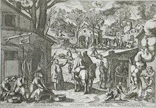 December: Village Scene with Inn, published 1599. Creator: Antonio Tempesta.