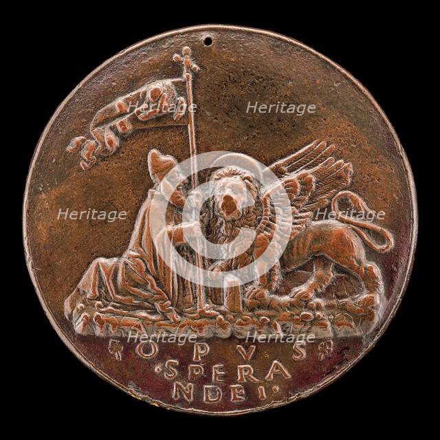 Doge Barbarigo Kneeling before the Winged Lion of Venice [reverse], c. 1495. Creator: Sperandio Savelli.
