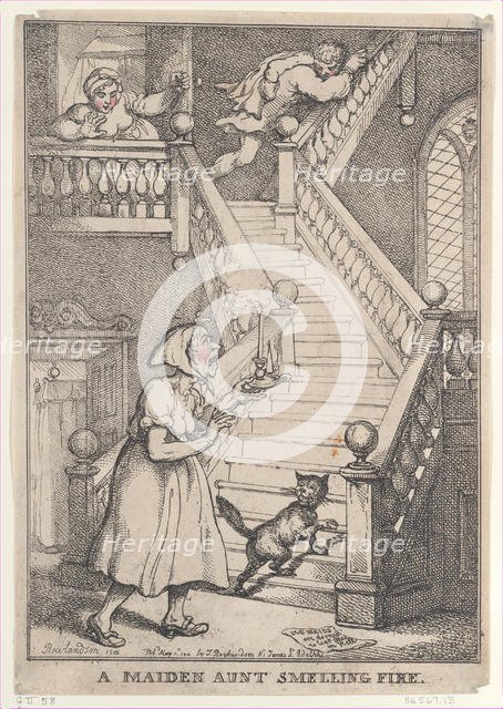 A Maiden Aunt Smelling Fire, [May 1, 1806], reissued May 1,..., [May 1, 1806], reissued May 1, 1812. Creator: Thomas Rowlandson.