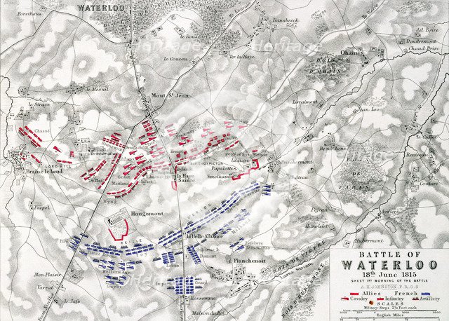 Map of the Battle of Waterloo, 18th June 1815 (19th century). Artist: Alexander Keith Johnston