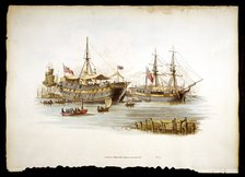 Prison ships (hulks or tenders) in the Thames off the Tower of London, 1805. Artist: William Henry Pyne