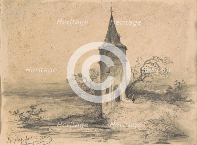 Landscape with a tower near Antwerp, 1845. Creator: Johannes Tavenraat.