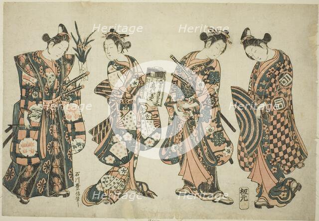 The Actors Sanogawa Ichimatsu (right), Nakamura Kiyosaburo (center right), Sanogawa..., c. 1750. Creator: Ishikawa Toyonobu.