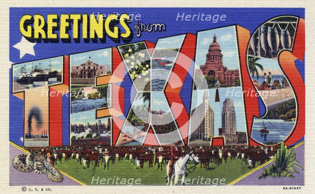 'Greetings from Texas', postcard, 1935. Artist: Unknown