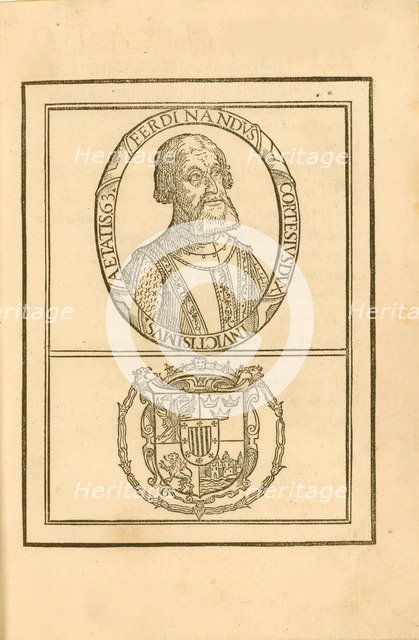 Portrait of Hernán Cortés (1485-1547) with his coat of arms, 1588. Creator: Anonymous.