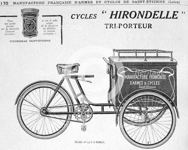 Hirondelle Saint Etienne delivery tricycle advertisement, 20th century. Artist: Unknown