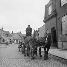 Olof Friberg, the last driver at Landskrona, with his two horses The Girl and Lottie, Sweden, 1950. Artist: Unknown