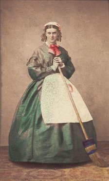 A man in drag holding a broom, 1862. Creator: Unknown.