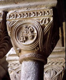 Coat of arms of the Cardona family in a capital of the cloister of the Monastery of Santa Maria d…