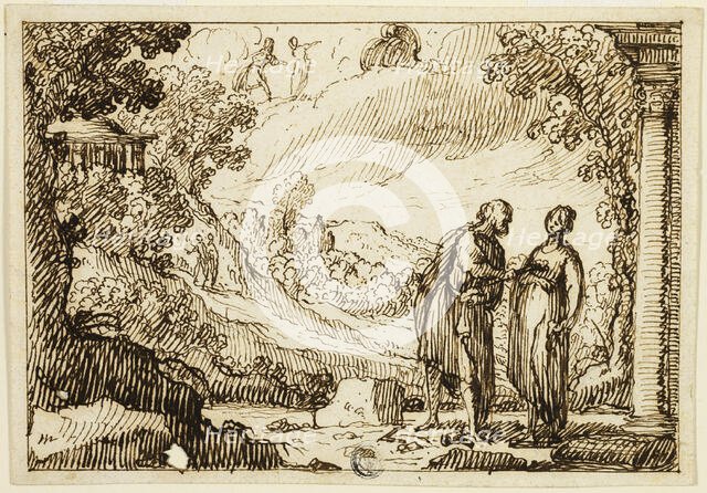Unidentified Mythological Scene with Man and Woman Conversing in Classical Landscape, n.d. Creator: François Roëttiers.