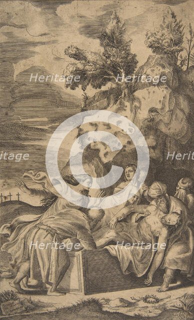 The entombment of Christ, the crosses on Calvary visble in left background, 1563. Creator: Giulio Bonasone.