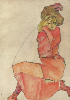 Kneeling Female in Orange-Red Dress, 1910. Artist: Schiele, Egon (1890–1918)