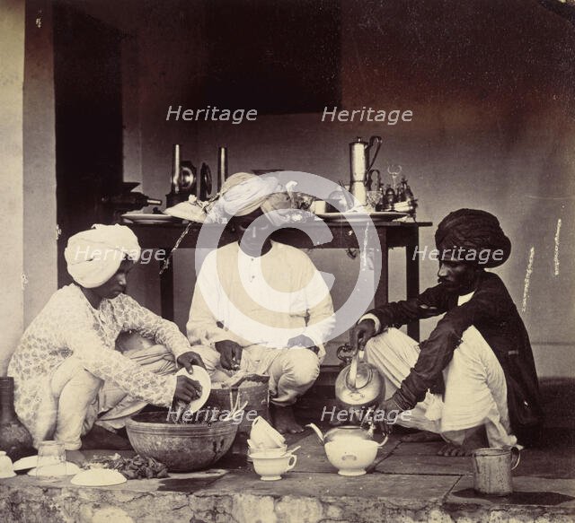 Three Indian domestic servants at work, 1870s. Creator: Willoughby Wallace Hooper.