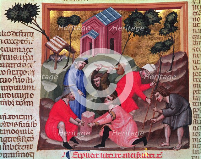 Monumental masons and stonecutters, miniature in 'Codex Justinian Institutiones Feodorum et Alia'…