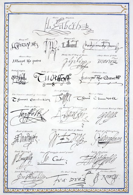 Reproduction of the signatures of the Tudors and members of their court, 1825. Artist: Sarah, Countess of Essex