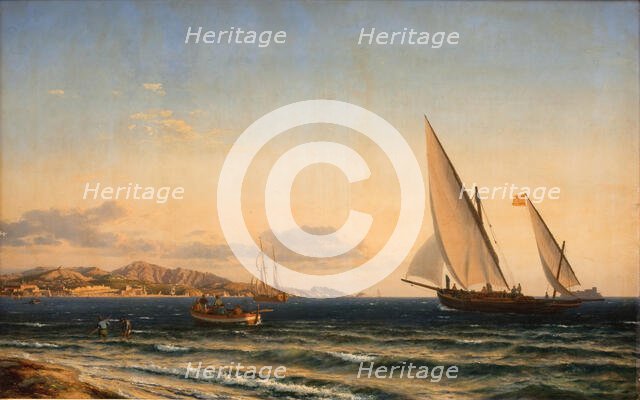Evening by the Mediterranean; In the background Marseilles and oen If, 1854. Creator: Emanuel Larsen.