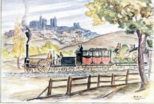 The inaugural train of the line from Madrid to Zaragoza in 1859, passing by Siguenza, drawing by …