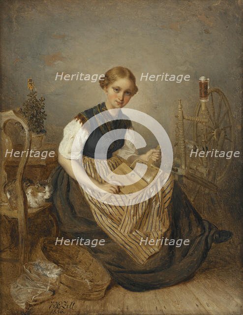 A Girl Carding, 1856. Creator: Kilian Christoffer Zoll.