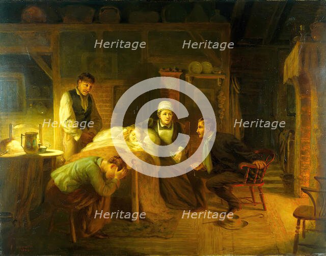 Anxious moments: a sick child, its grieving parents, a nursemaid and a medical practitioner, 1894. Creator: John Whitehead Walton.