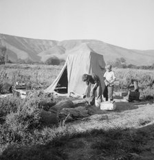 Possibly: Fatherless migratory family camped behind gas station, Yakima Valley, Washington, 1939. Creator: Dorothea Lange.